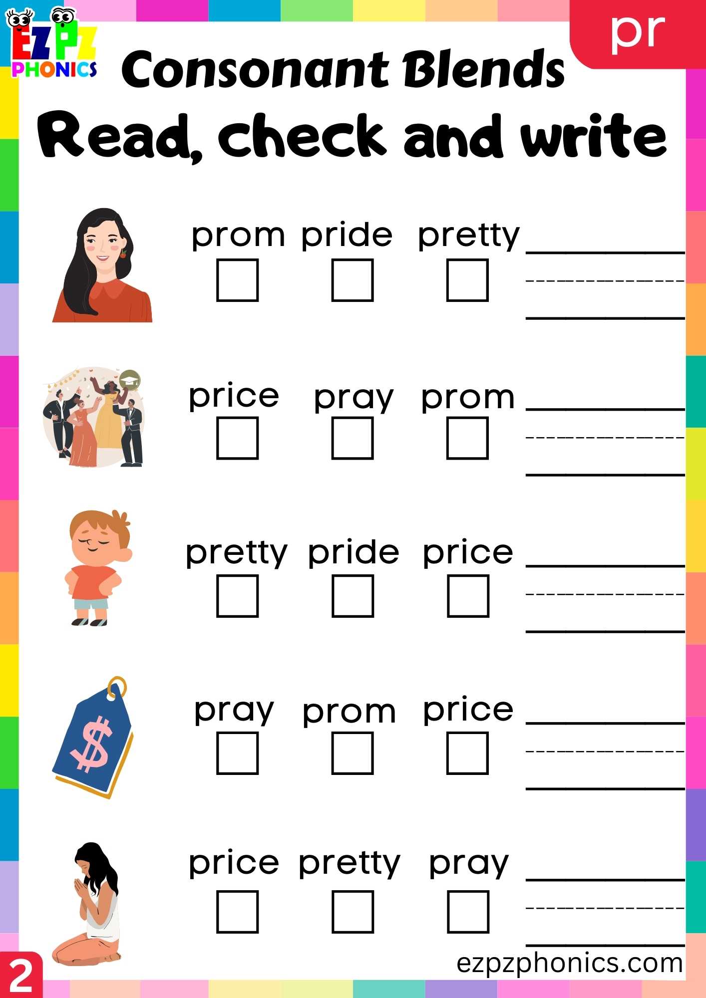 Group2 Pr Words Read Check And Write Phonics Consonant Blends Worksheet